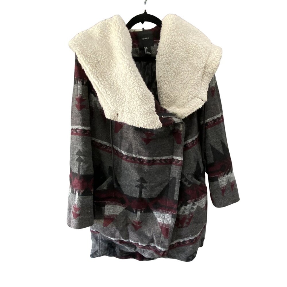 Forever 21 Womens Tribal Aztec Hooded Coat S/P Black Red with Sherpa Lining